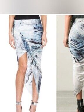 Helmut Lang Marble-Print Asymmetrical Skirt in Black, Gray, Blue Small